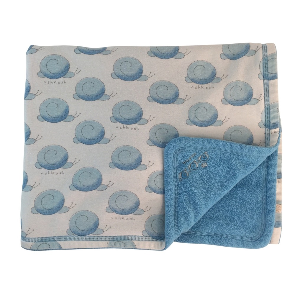 OshKosh Baby Receiving‎ Blanket Blue White Snail Print Reversible Fleece Cotton